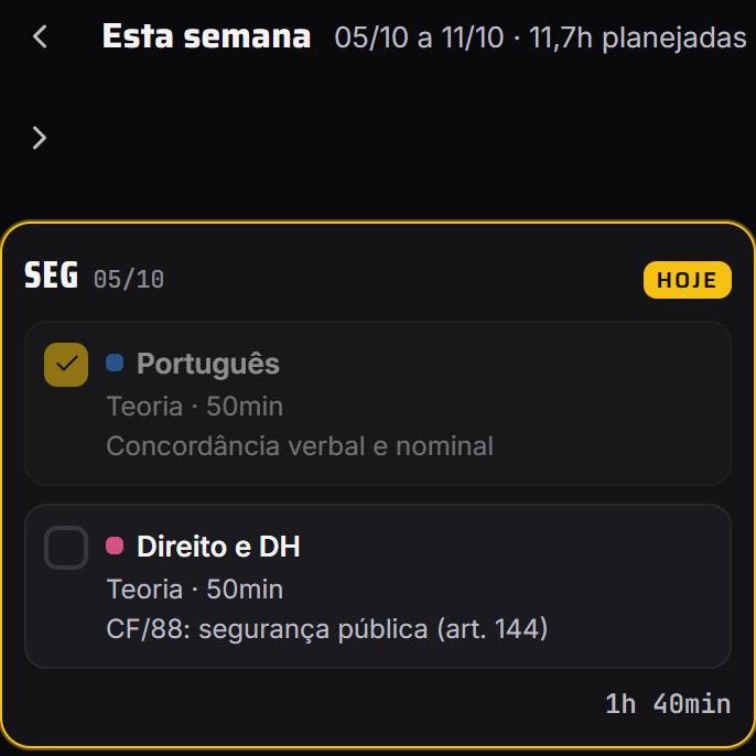 Tela do cronograma semanal, com os blocos de estudo de cada dia