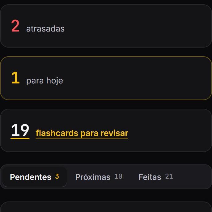 Tela de revisões programadas, com as revisões atrasadas, as de hoje e os flashcards