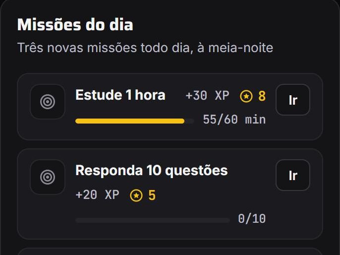 Missões do dia no app, com XP e méritos de cada uma